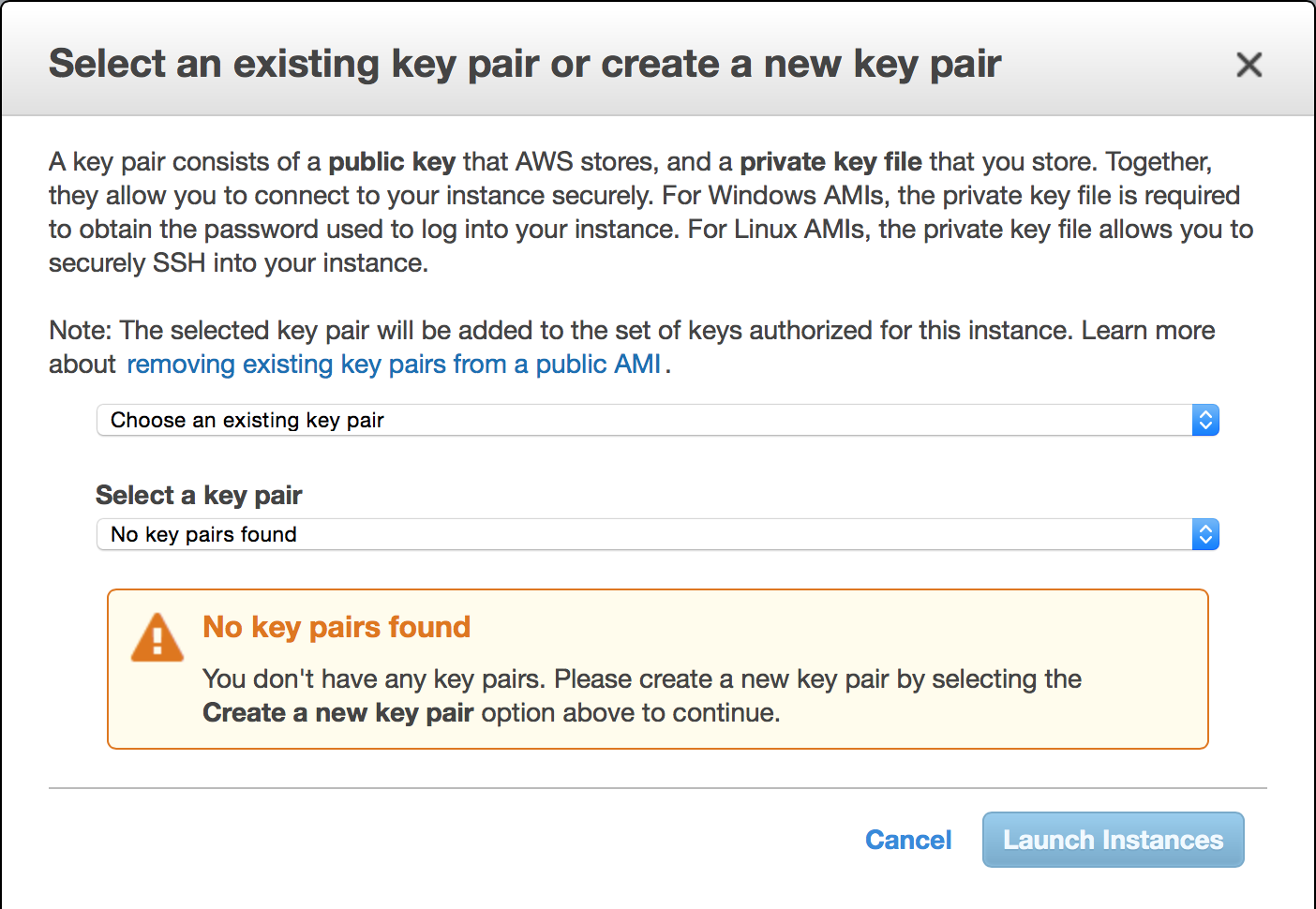 KeyPair: AWS generates a keypair for you  (make sure to save the PEM file!)